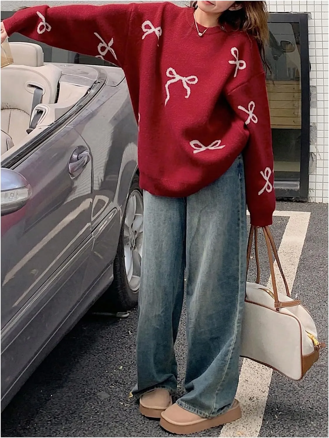 SOLY HUX Oversized Sweaters for Women Y2k Bow Print Crew Neck Drop Shoulder Long Sleeve Knit Pullover Tops