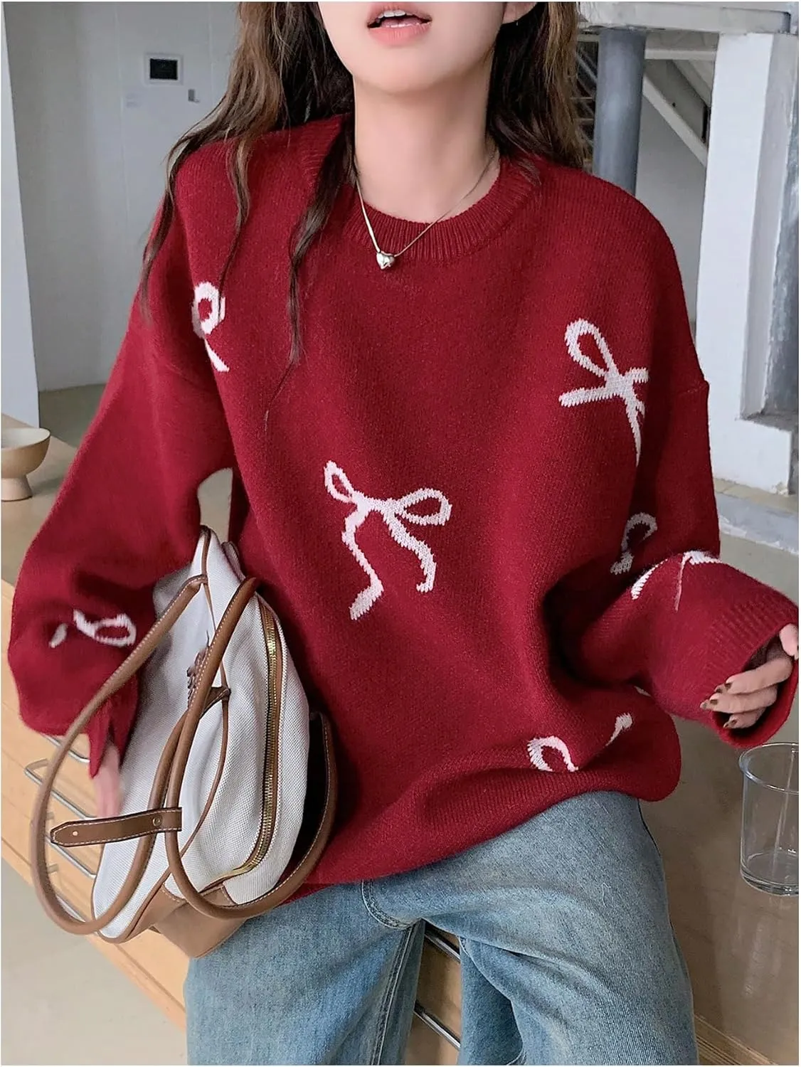 SOLY HUX Oversized Sweaters for Women Y2k Bow Print Crew Neck Drop Shoulder Long Sleeve Knit Pullover Tops