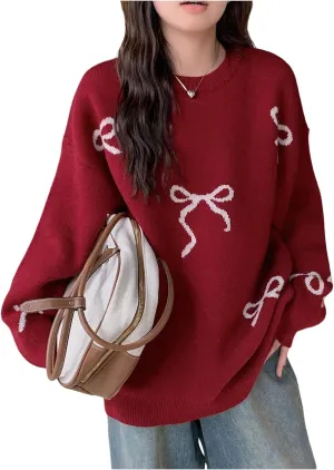 SOLY HUX Oversized Sweaters for Women Y2k Bow Print Crew Neck Drop Shoulder Long Sleeve Knit Pullover Tops
