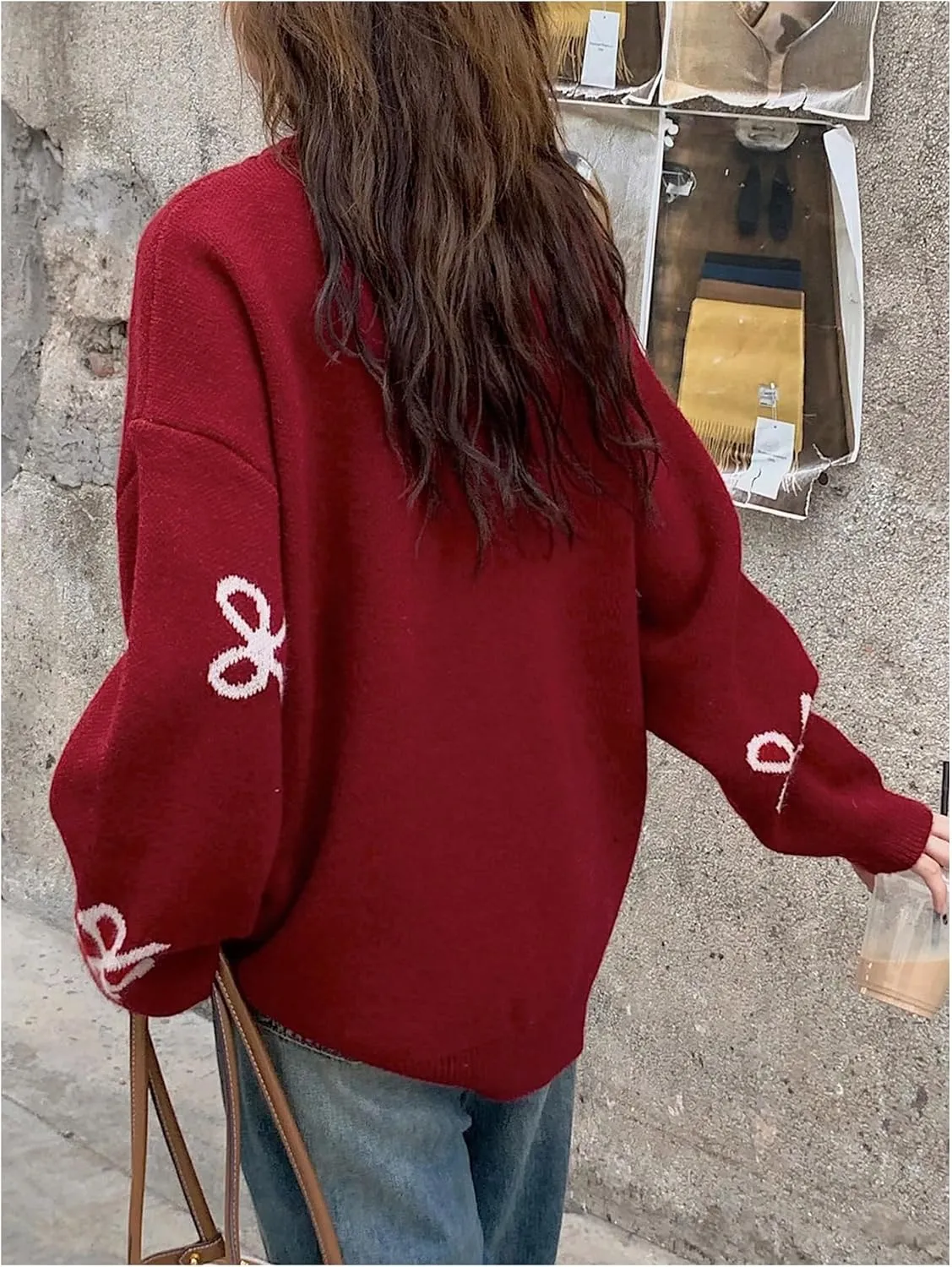 SOLY HUX Oversized Sweaters for Women Y2k Bow Print Crew Neck Drop Shoulder Long Sleeve Knit Pullover Tops