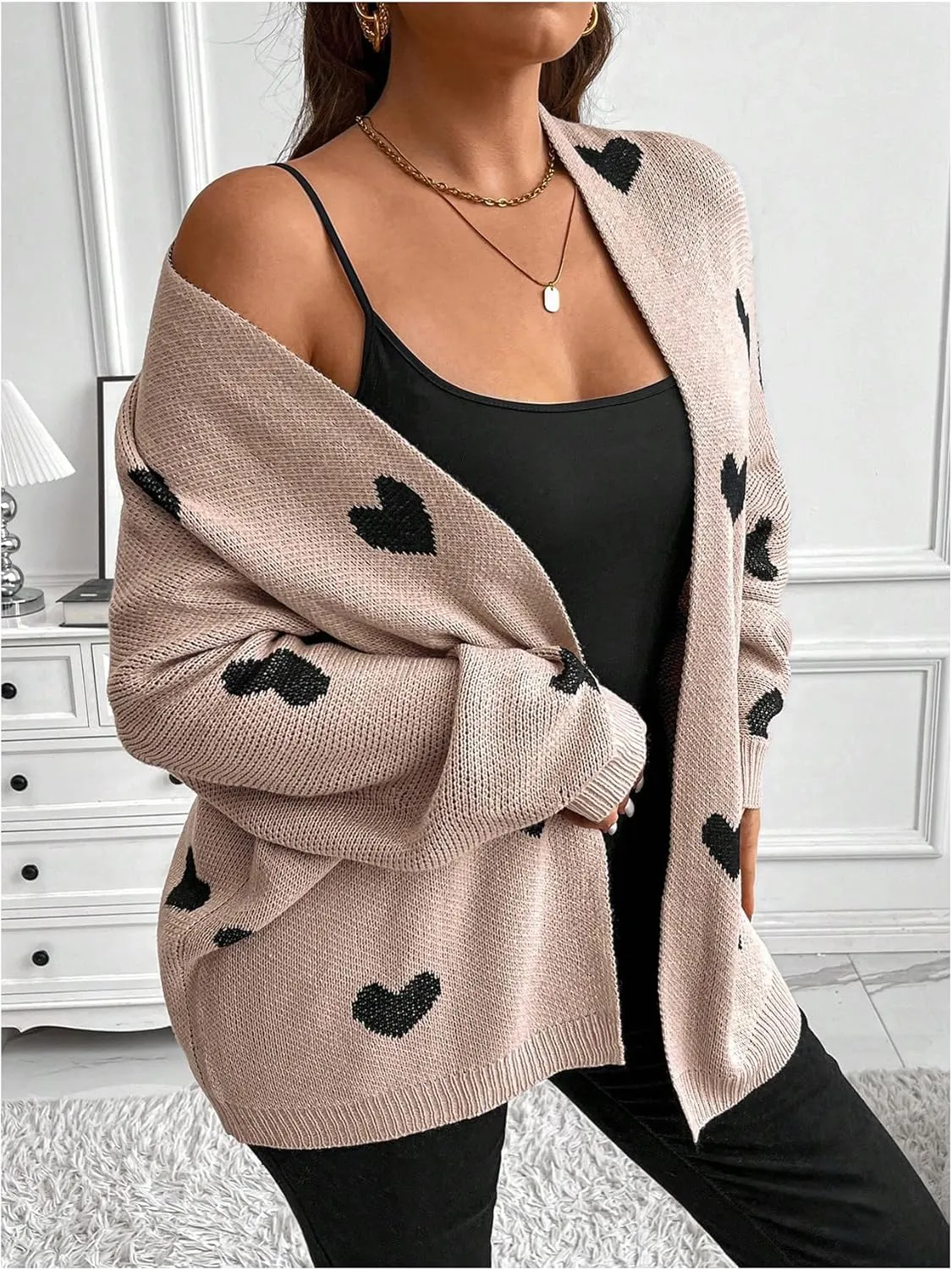 SOLY HUX Women's Plus Size Open Front Cardigan Sweaters Heart Graphic Long Sleeve Loose Sweater Outerwear