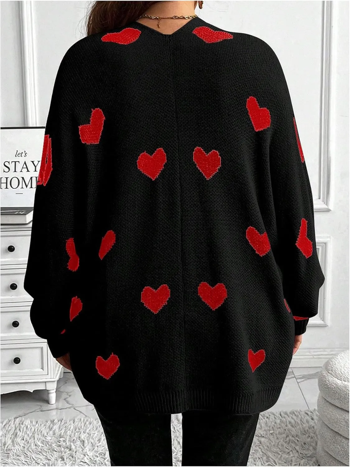 SOLY HUX Women's Plus Size Open Front Cardigan Sweaters Heart Graphic Long Sleeve Loose Sweater Outerwear