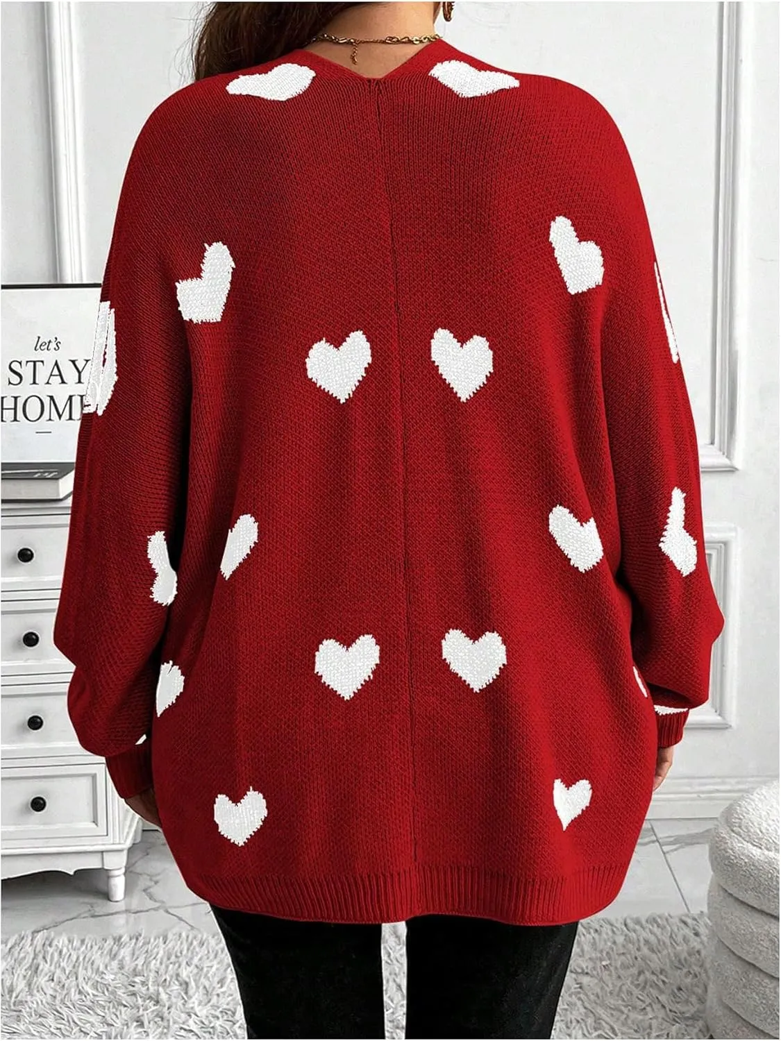 SOLY HUX Women's Plus Size Open Front Cardigan Sweaters Heart Graphic Long Sleeve Loose Sweater Outerwear