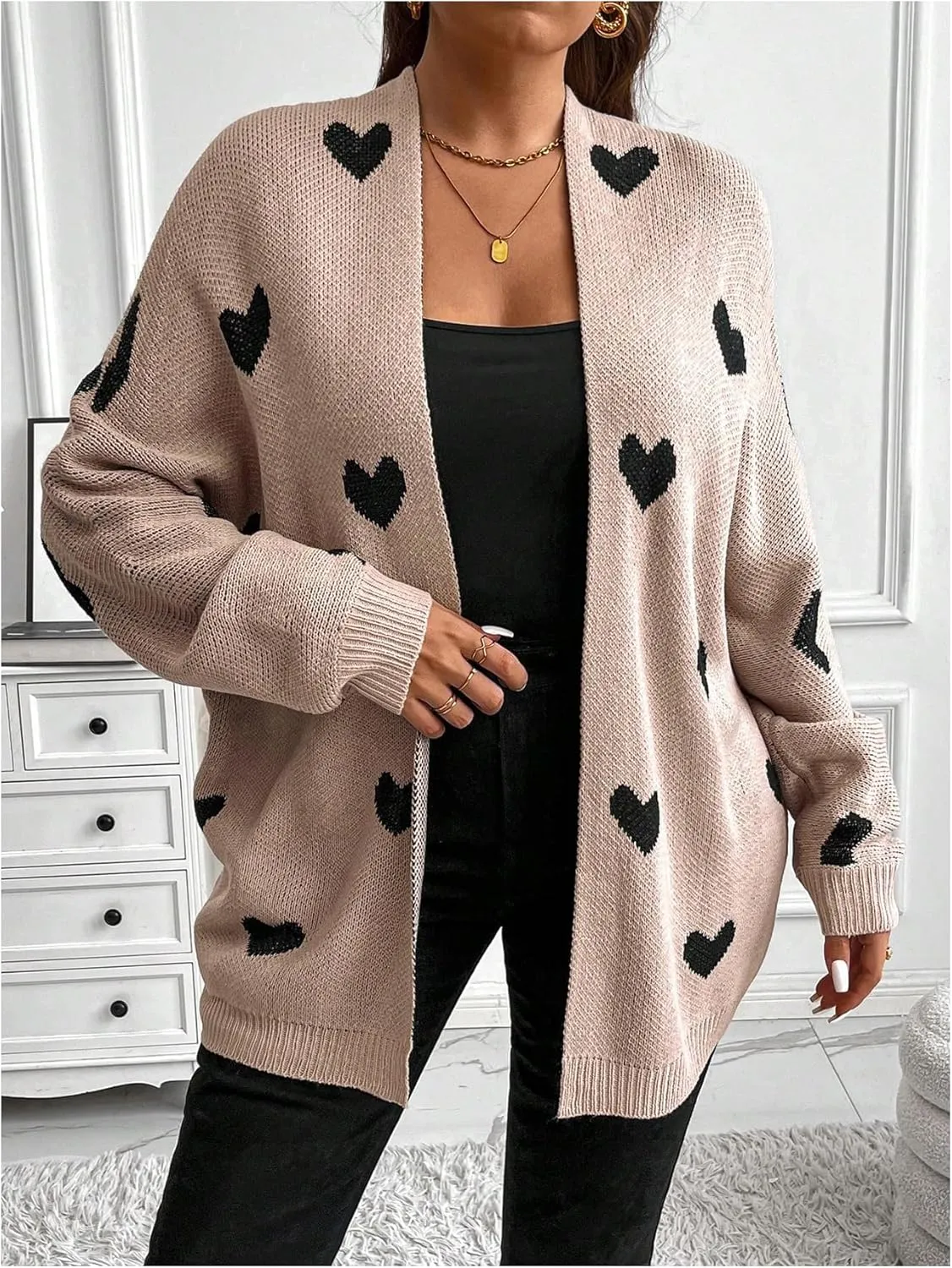 SOLY HUX Women's Plus Size Open Front Cardigan Sweaters Heart Graphic Long Sleeve Loose Sweater Outerwear