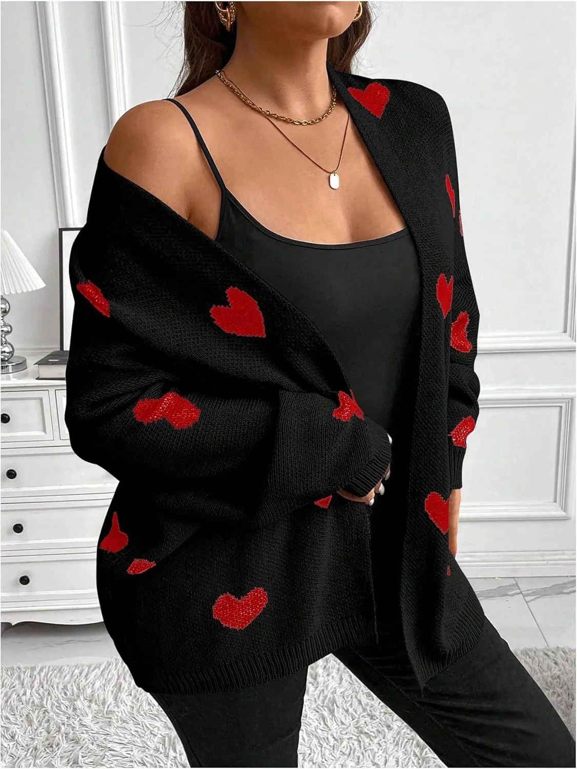 SOLY HUX Women's Plus Size Open Front Cardigan Sweaters Heart Graphic Long Sleeve Loose Sweater Outerwear