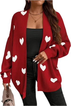 SOLY HUX Women's Plus Size Open Front Cardigan Sweaters Heart Graphic Long Sleeve Loose Sweater Outerwear