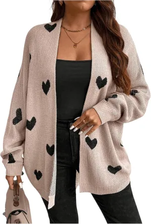 SOLY HUX Women's Plus Size Open Front Cardigan Sweaters Heart Graphic Long Sleeve Loose Sweater Outerwear