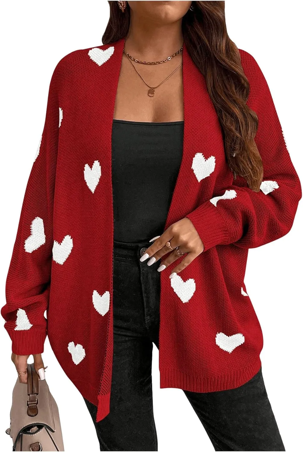 SOLY HUX Women's Plus Size Open Front Cardigan Sweaters Heart Graphic Long Sleeve Loose Sweater Outerwear
