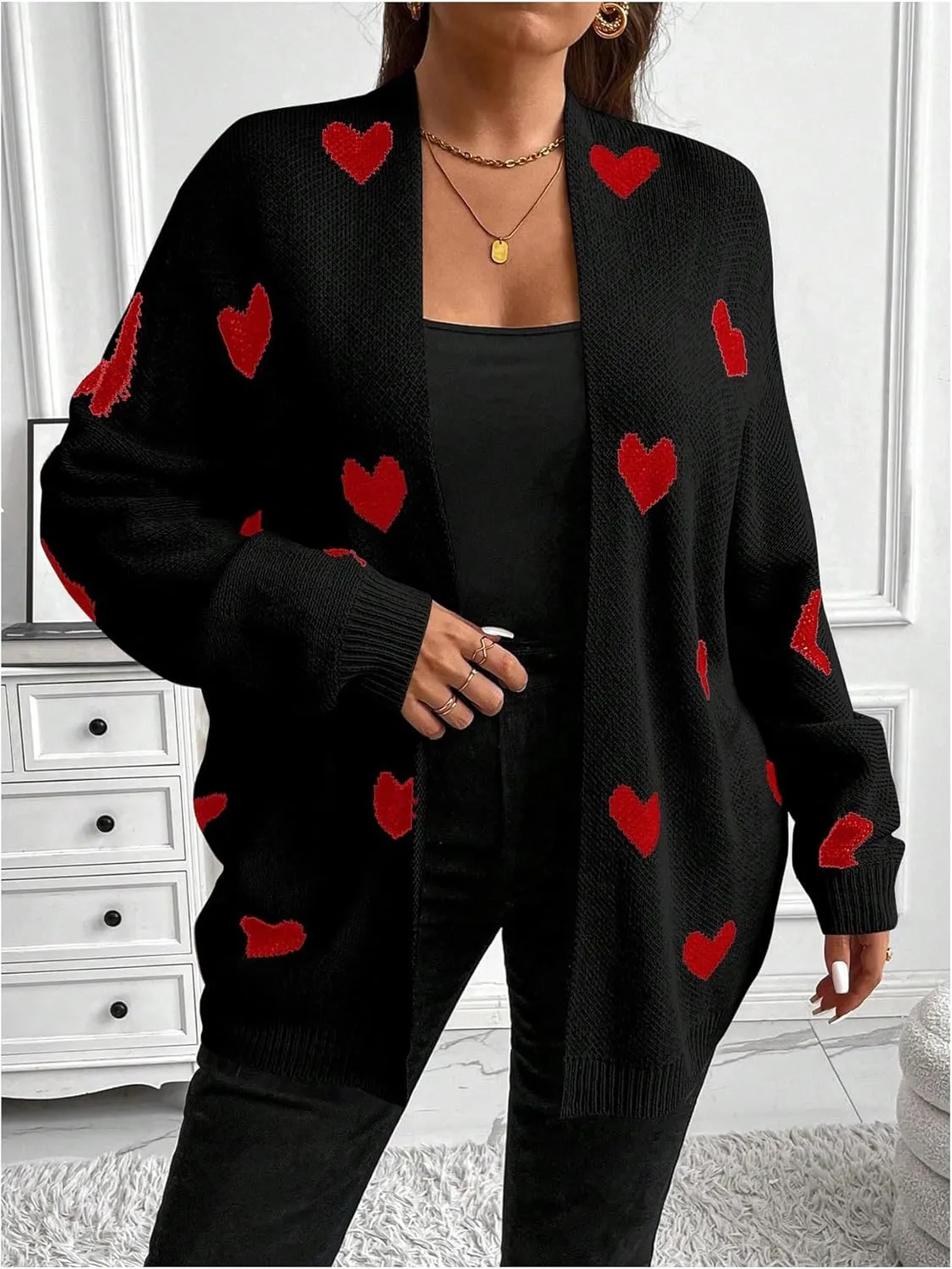 SOLY HUX Women's Plus Size Open Front Cardigan Sweaters Heart Graphic Long Sleeve Loose Sweater Outerwear