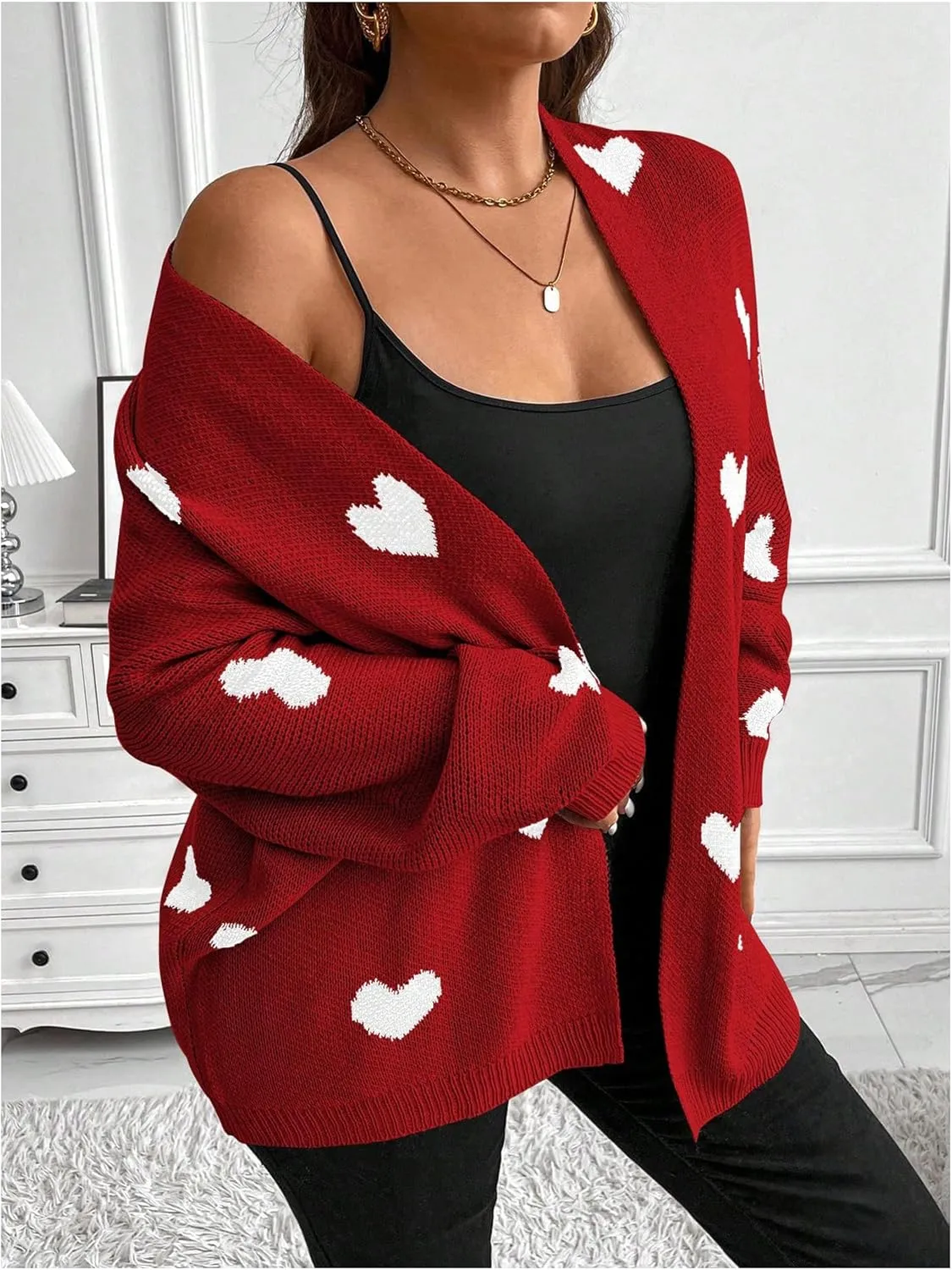 SOLY HUX Women's Plus Size Open Front Cardigan Sweaters Heart Graphic Long Sleeve Loose Sweater Outerwear