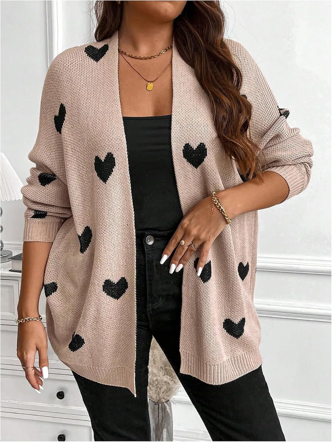 SOLY HUX Women's Plus Size Open Front Cardigan Sweaters Heart Graphic Long Sleeve Loose Sweater Outerwear