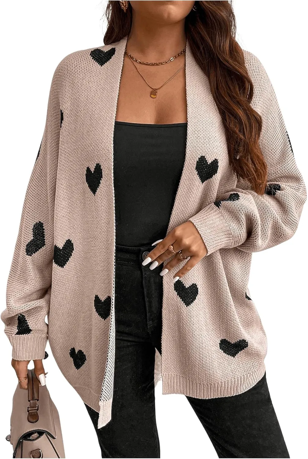 SOLY HUX Women's Plus Size Open Front Cardigan Sweaters Heart Graphic Long Sleeve Loose Sweater Outerwear