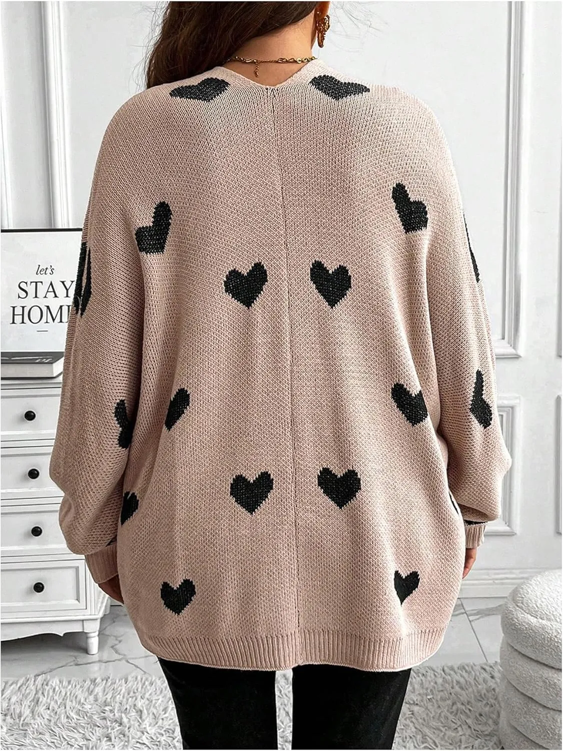 SOLY HUX Women's Plus Size Open Front Cardigan Sweaters Heart Graphic Long Sleeve Loose Sweater Outerwear