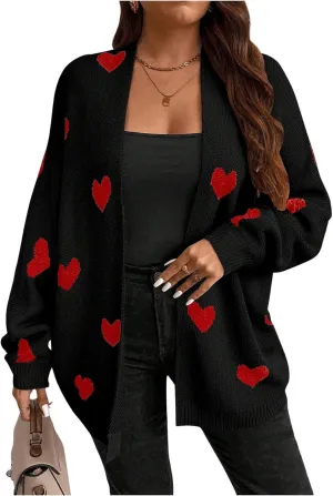 SOLY HUX Women's Plus Size Open Front Cardigan Sweaters Heart Graphic Long Sleeve Loose Sweater Outerwear