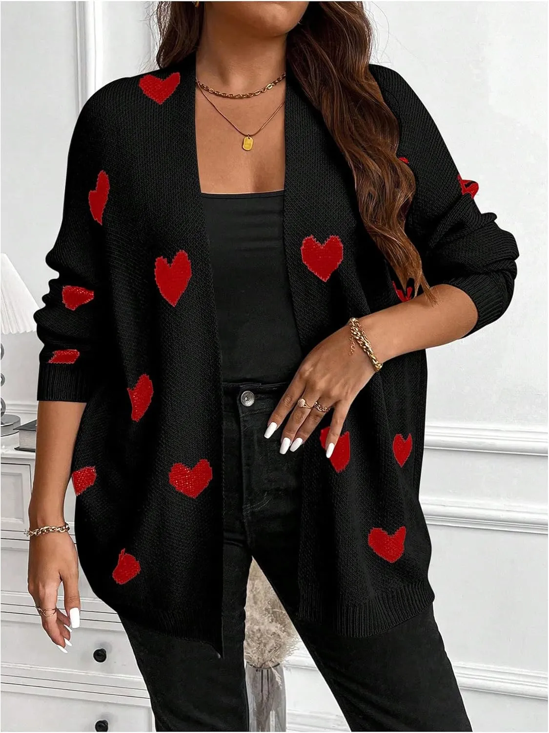 SOLY HUX Women's Plus Size Open Front Cardigan Sweaters Heart Graphic Long Sleeve Loose Sweater Outerwear