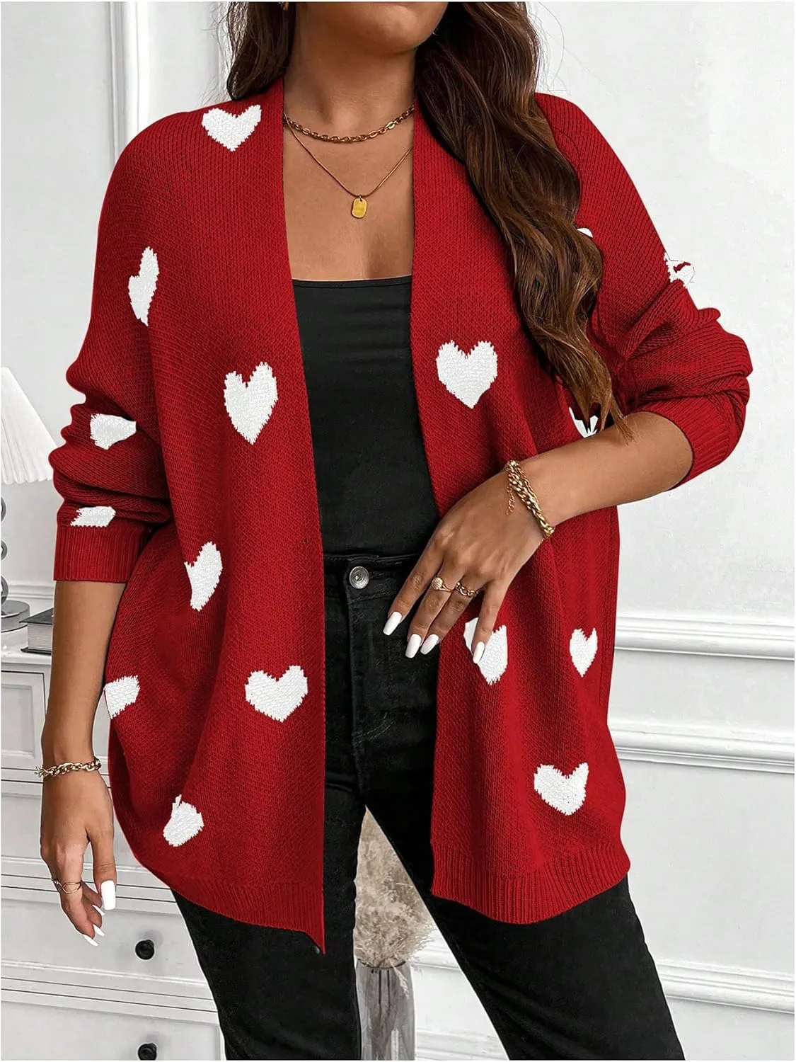 SOLY HUX Women's Plus Size Open Front Cardigan Sweaters Heart Graphic Long Sleeve Loose Sweater Outerwear