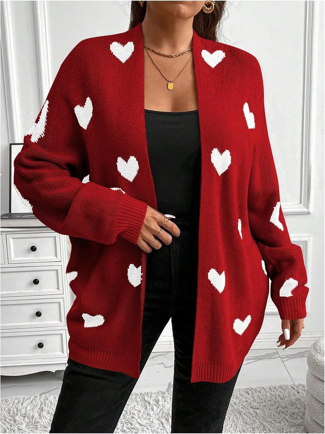 SOLY HUX Women's Plus Size Open Front Cardigan Sweaters Heart Graphic Long Sleeve Loose Sweater Outerwear