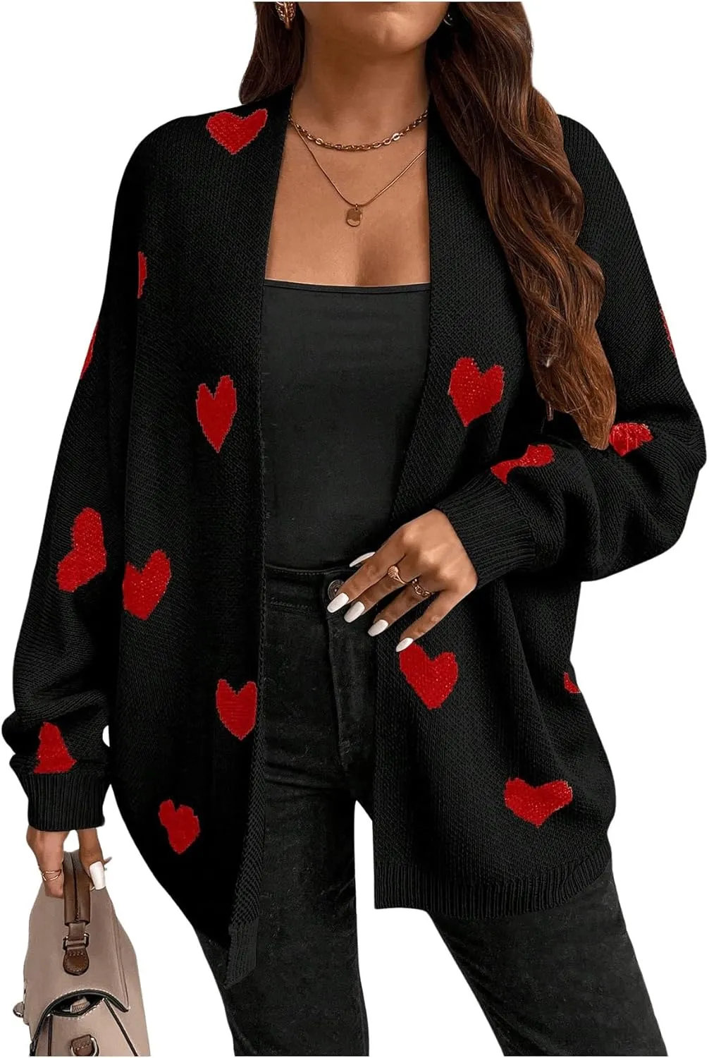 SOLY HUX Women's Plus Size Open Front Cardigan Sweaters Heart Graphic Long Sleeve Loose Sweater Outerwear