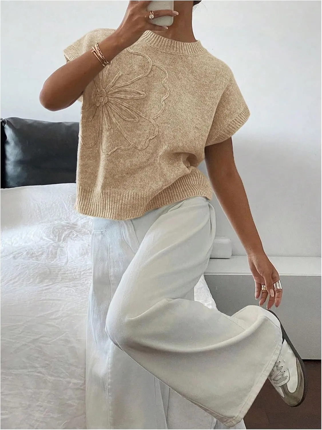 SOLY HUX Women's Ribbed Sweater Crew Neck Short Sleeve Loose Fit Floral Knit Pullover Tops