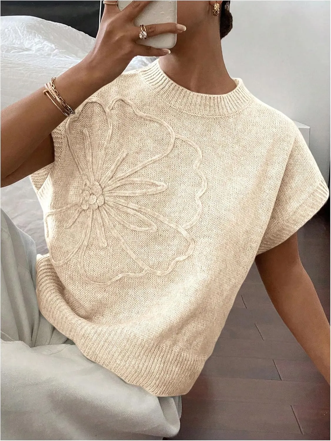 SOLY HUX Women's Ribbed Sweater Crew Neck Short Sleeve Loose Fit Floral Knit Pullover Tops