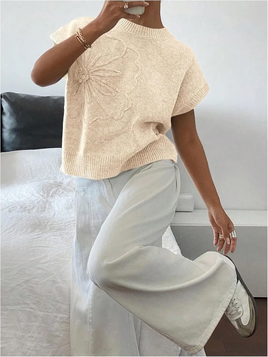 SOLY HUX Women's Ribbed Sweater Crew Neck Short Sleeve Loose Fit Floral Knit Pullover Tops