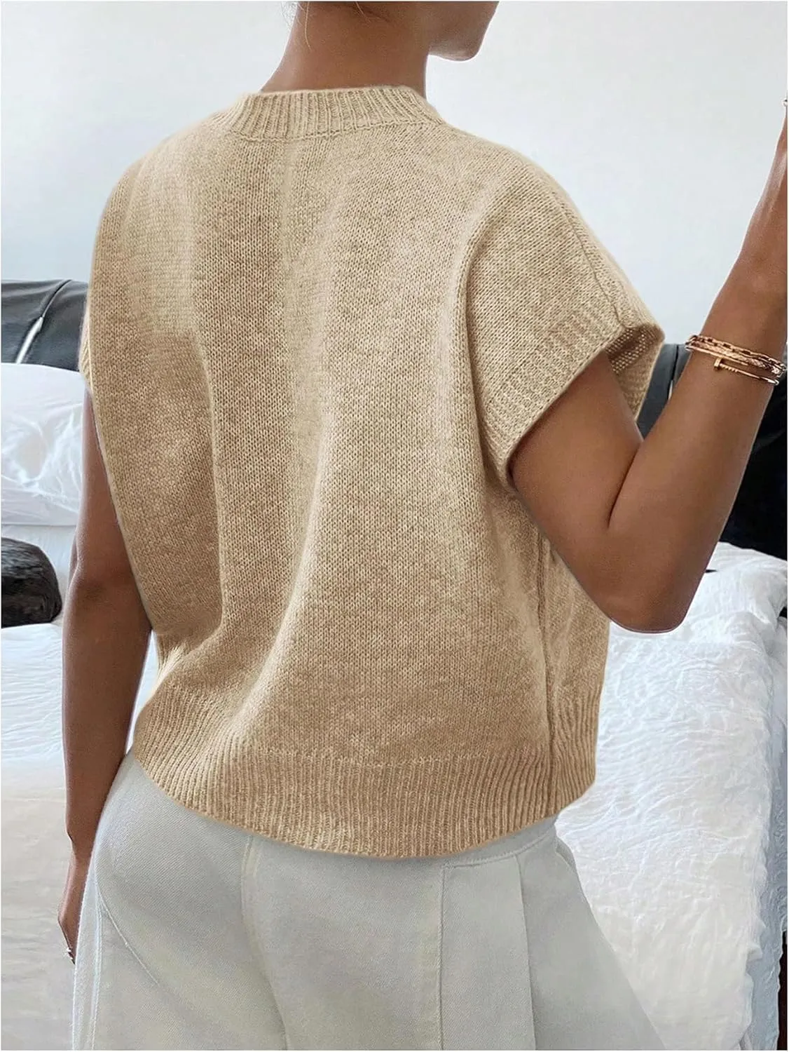 SOLY HUX Women's Ribbed Sweater Crew Neck Short Sleeve Loose Fit Floral Knit Pullover Tops