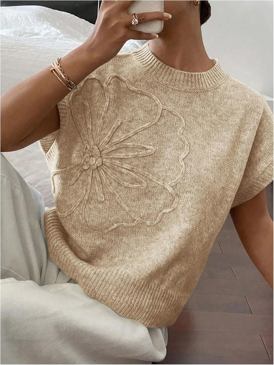 SOLY HUX Women's Ribbed Sweater Crew Neck Short Sleeve Loose Fit Floral Knit Pullover Tops