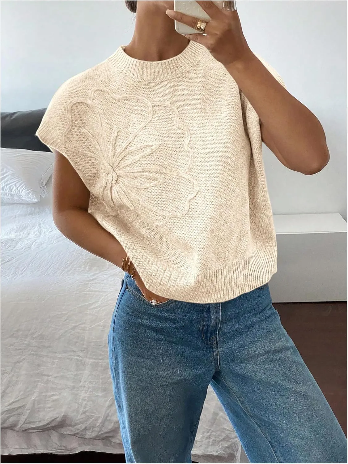 SOLY HUX Women's Ribbed Sweater Crew Neck Short Sleeve Loose Fit Floral Knit Pullover Tops