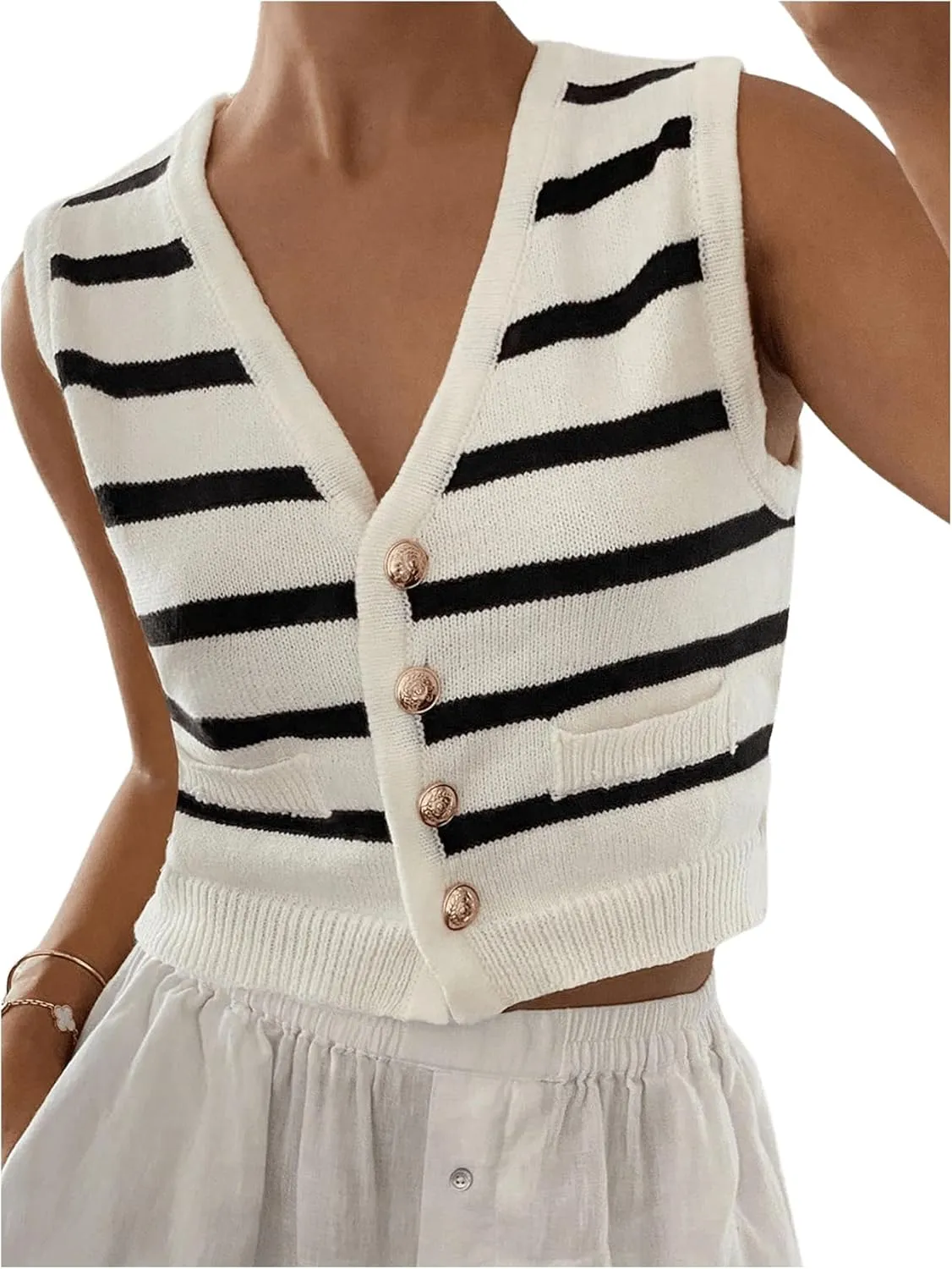 SOLY HUX Women's Striped Print Button Down Sweater Vest V Neck Sleeveless Knitted Tank Tops