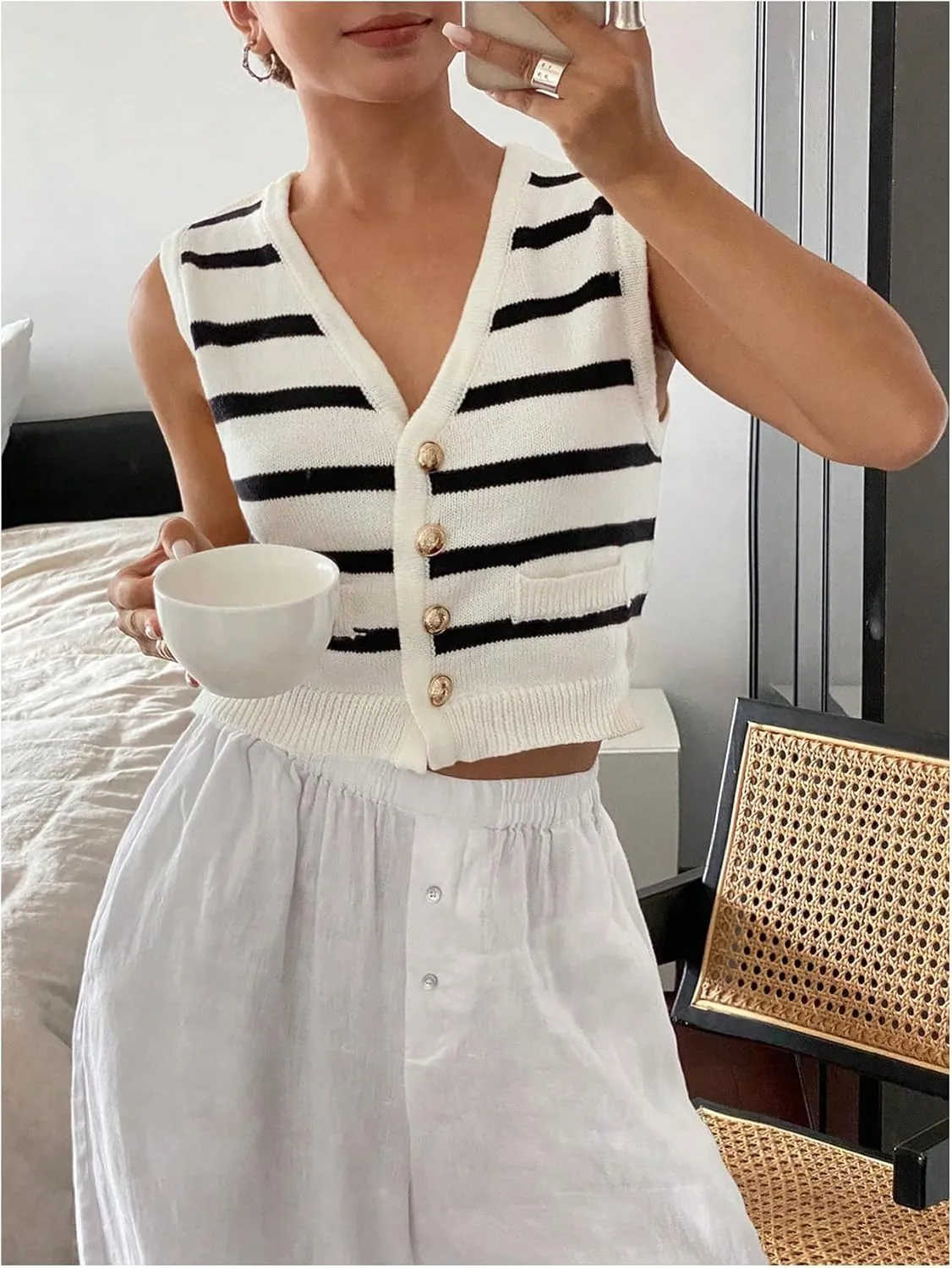 SOLY HUX Women's Striped Print Button Down Sweater Vest V Neck Sleeveless Knitted Tank Tops