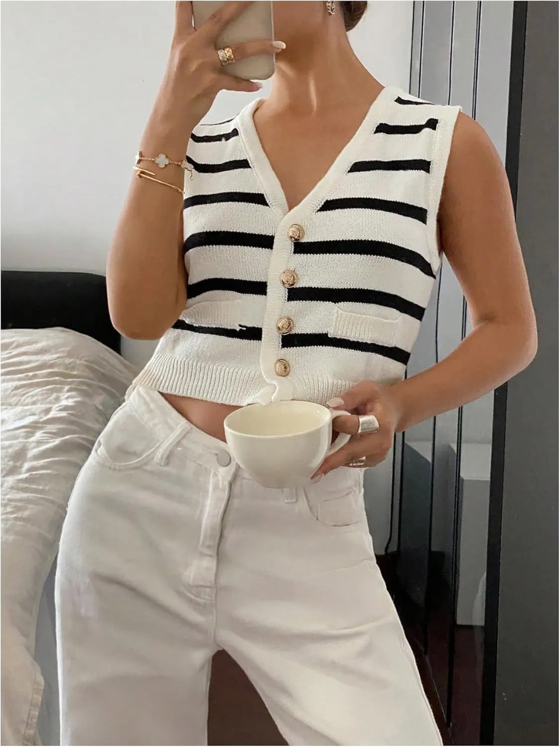 SOLY HUX Women's Striped Print Button Down Sweater Vest V Neck Sleeveless Knitted Tank Tops