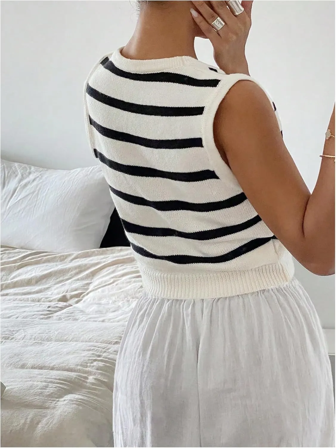 SOLY HUX Women's Striped Print Button Down Sweater Vest V Neck Sleeveless Knitted Tank Tops