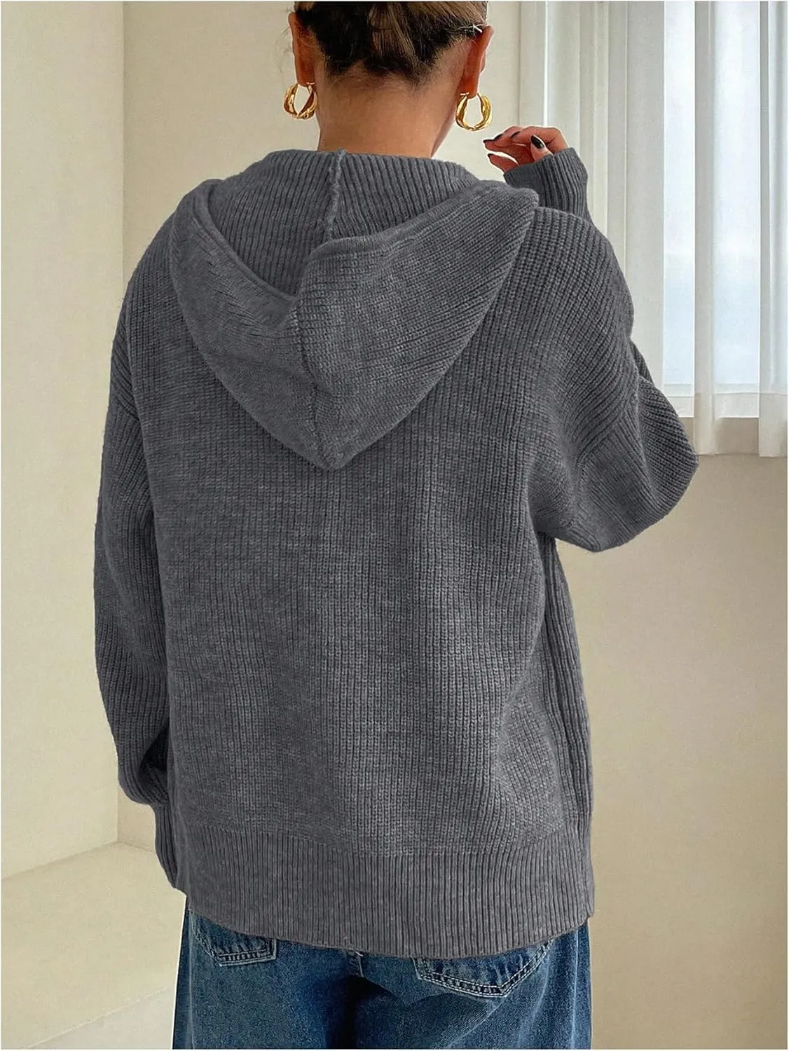 SOLY HUX Women's Zip Up Hooded Cardigan Sweater Knitted Drop Shoulder Fall Hoodies Outerwear