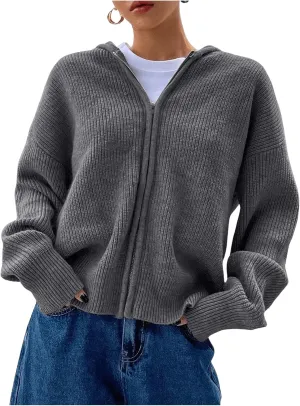 SOLY HUX Women's Zip Up Hooded Cardigan Sweater Knitted Drop Shoulder Fall Hoodies Outerwear
