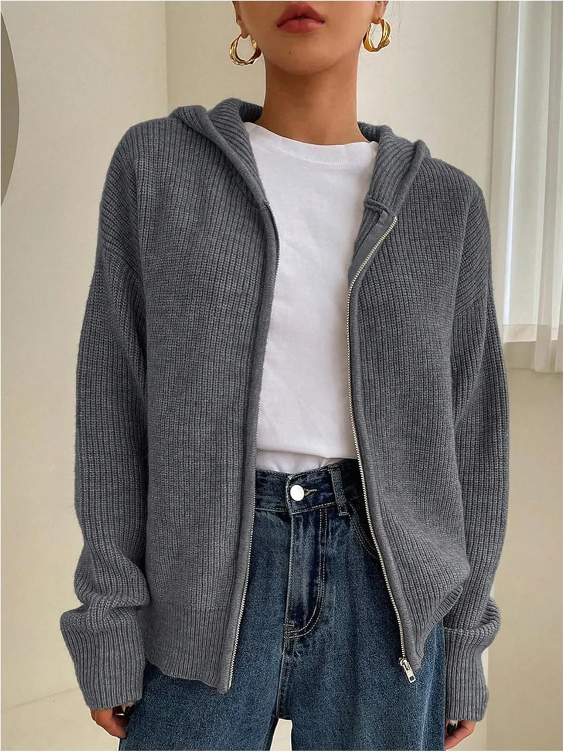 SOLY HUX Women's Zip Up Hooded Cardigan Sweater Knitted Drop Shoulder Fall Hoodies Outerwear
