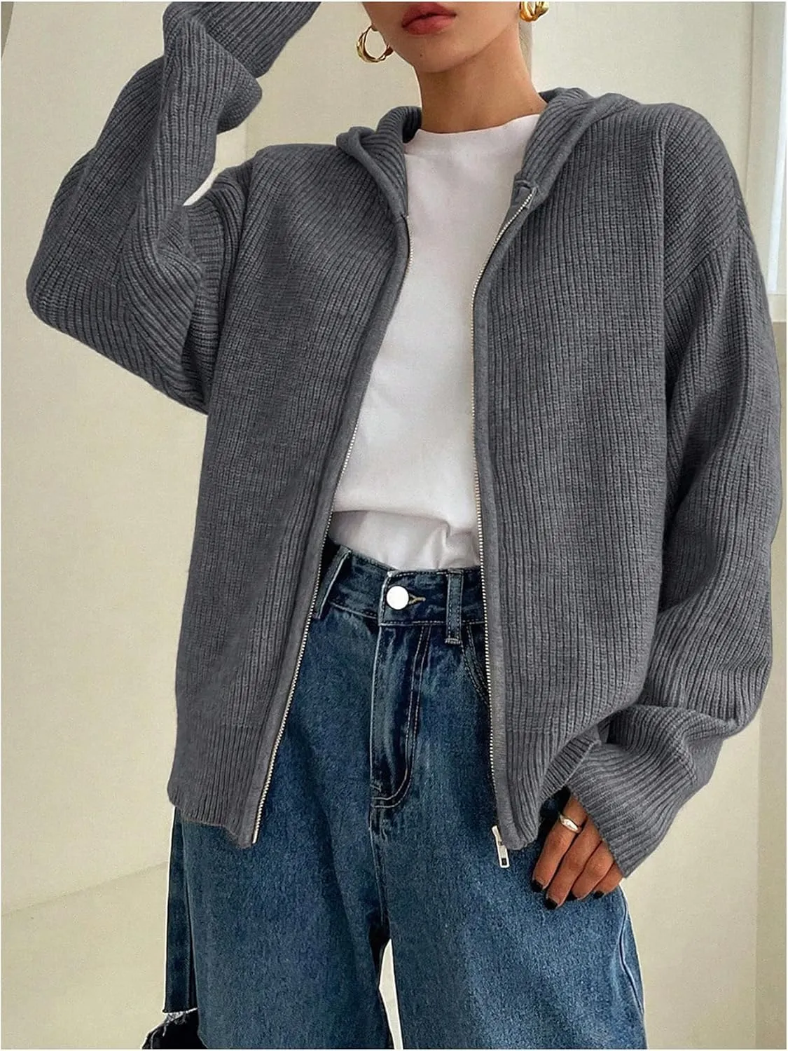 SOLY HUX Women's Zip Up Hooded Cardigan Sweater Knitted Drop Shoulder Fall Hoodies Outerwear