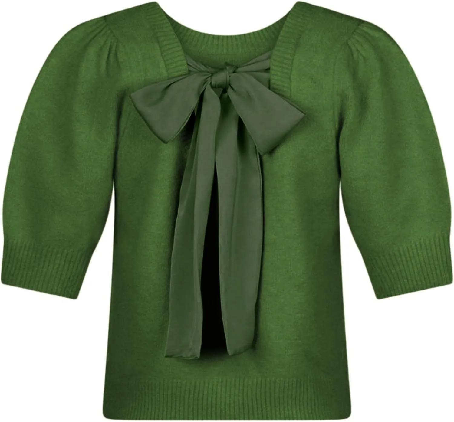 Springrain Bow Sweater Women Casual Puff Short Sleeve Crew Neck Tie Back Knit Pullover Tops