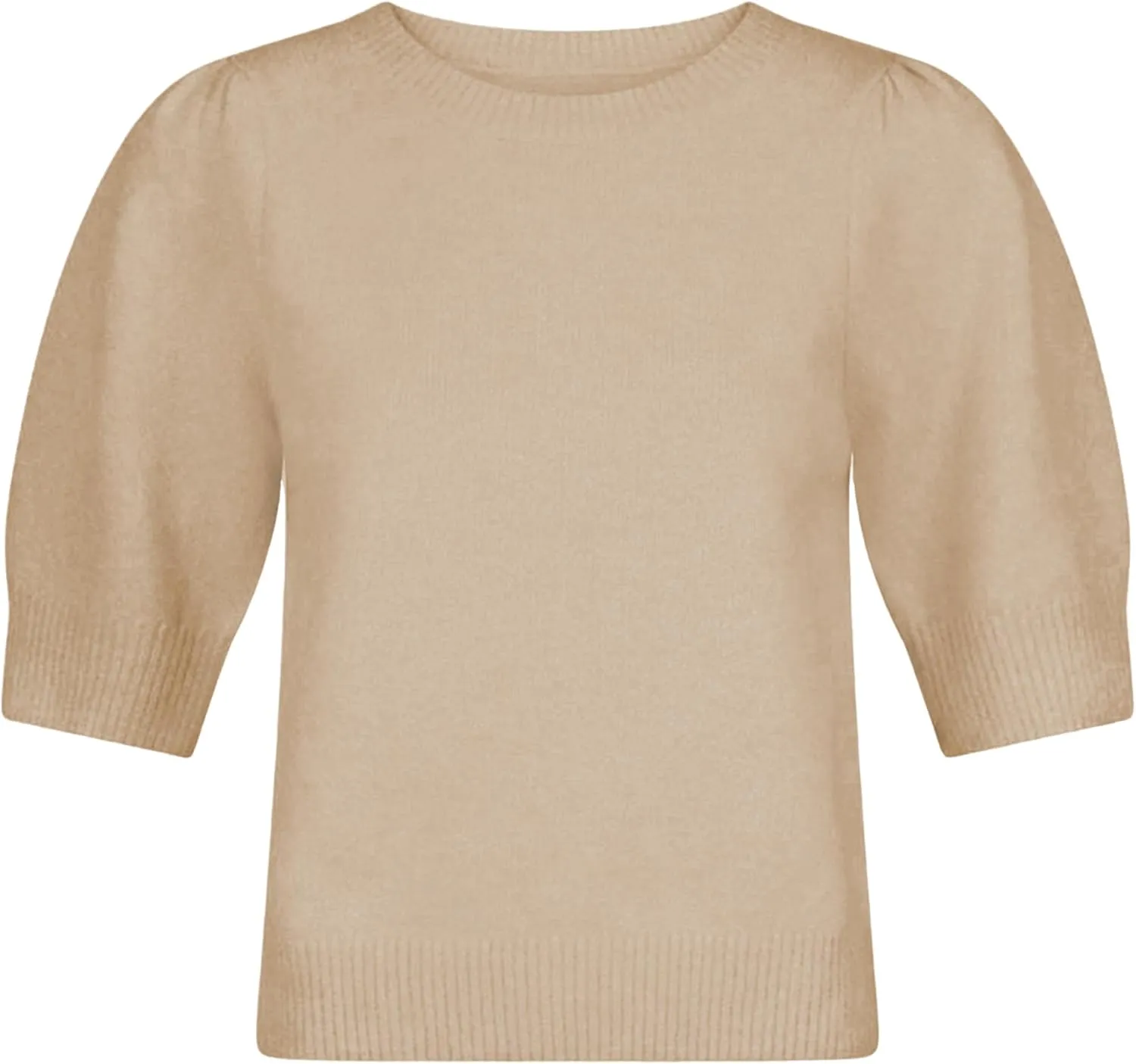 Springrain Bow Sweater Women Casual Puff Short Sleeve Crew Neck Tie Back Knit Pullover Tops