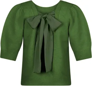 Springrain Bow Sweater Women Casual Puff Short Sleeve Crew Neck Tie Back Knit Pullover Tops