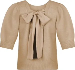 Springrain Bow Sweater Women Casual Puff Short Sleeve Crew Neck Tie Back Knit Pullover Tops