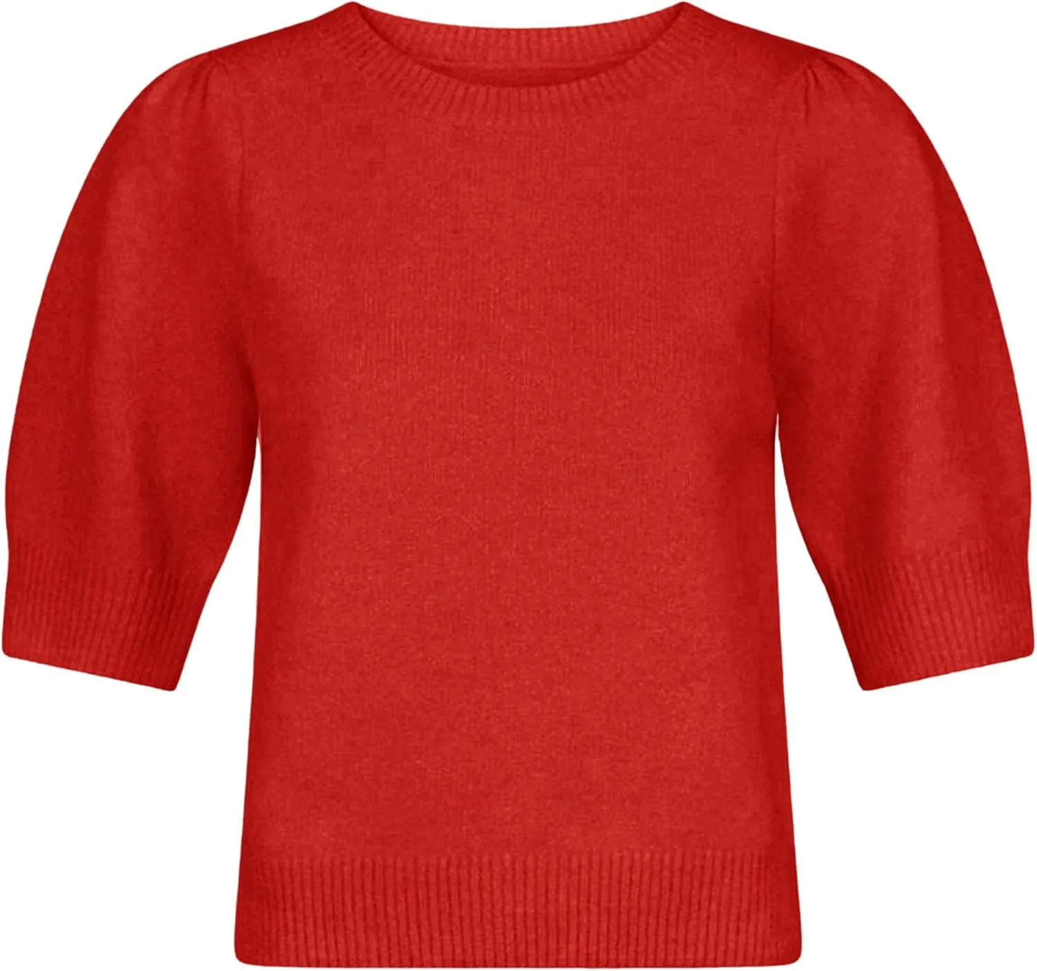 Springrain Bow Sweater Women Casual Puff Short Sleeve Crew Neck Tie Back Knit Pullover Tops