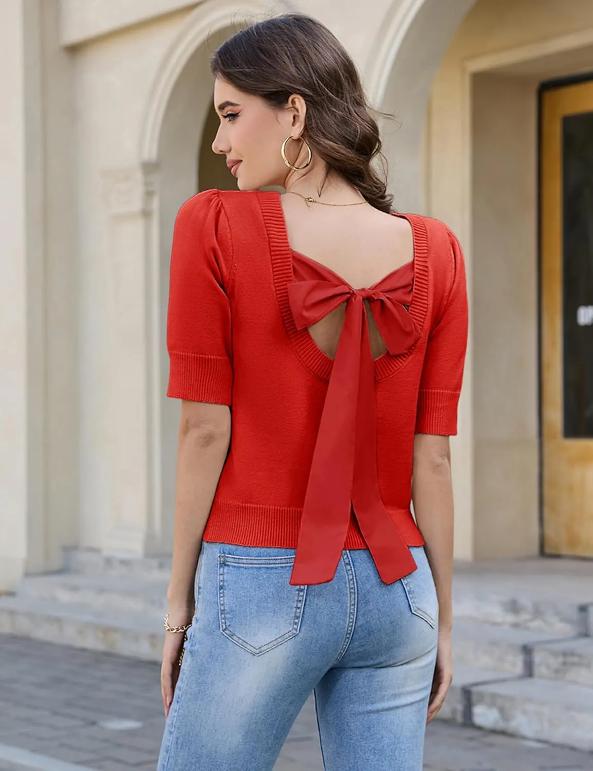 Springrain Bow Sweater Women Casual Puff Short Sleeve Crew Neck Tie Back Knit Pullover Tops