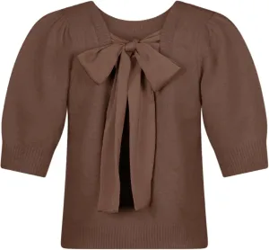 Springrain Bow Sweater Women Casual Puff Short Sleeve Crew Neck Tie Back Knit Pullover Tops