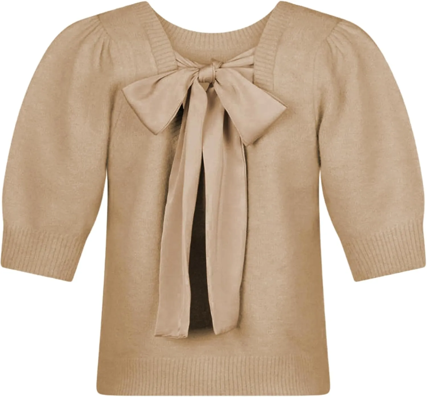 Springrain Bow Sweater Women Casual Puff Short Sleeve Crew Neck Tie Back Knit Pullover Tops