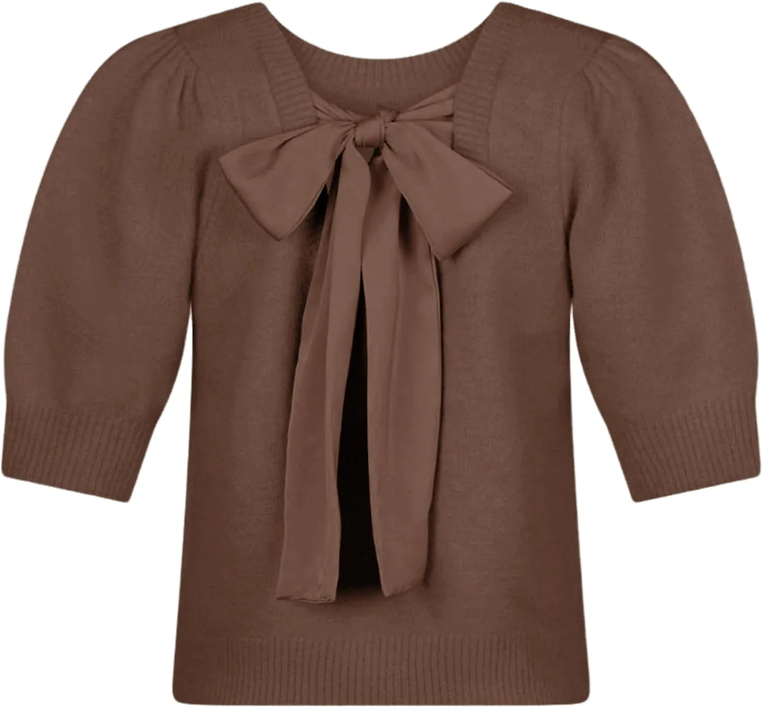 Springrain Bow Sweater Women Casual Puff Short Sleeve Crew Neck Tie Back Knit Pullover Tops