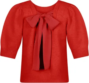 Springrain Bow Sweater Women Casual Puff Short Sleeve Crew Neck Tie Back Knit Pullover Tops