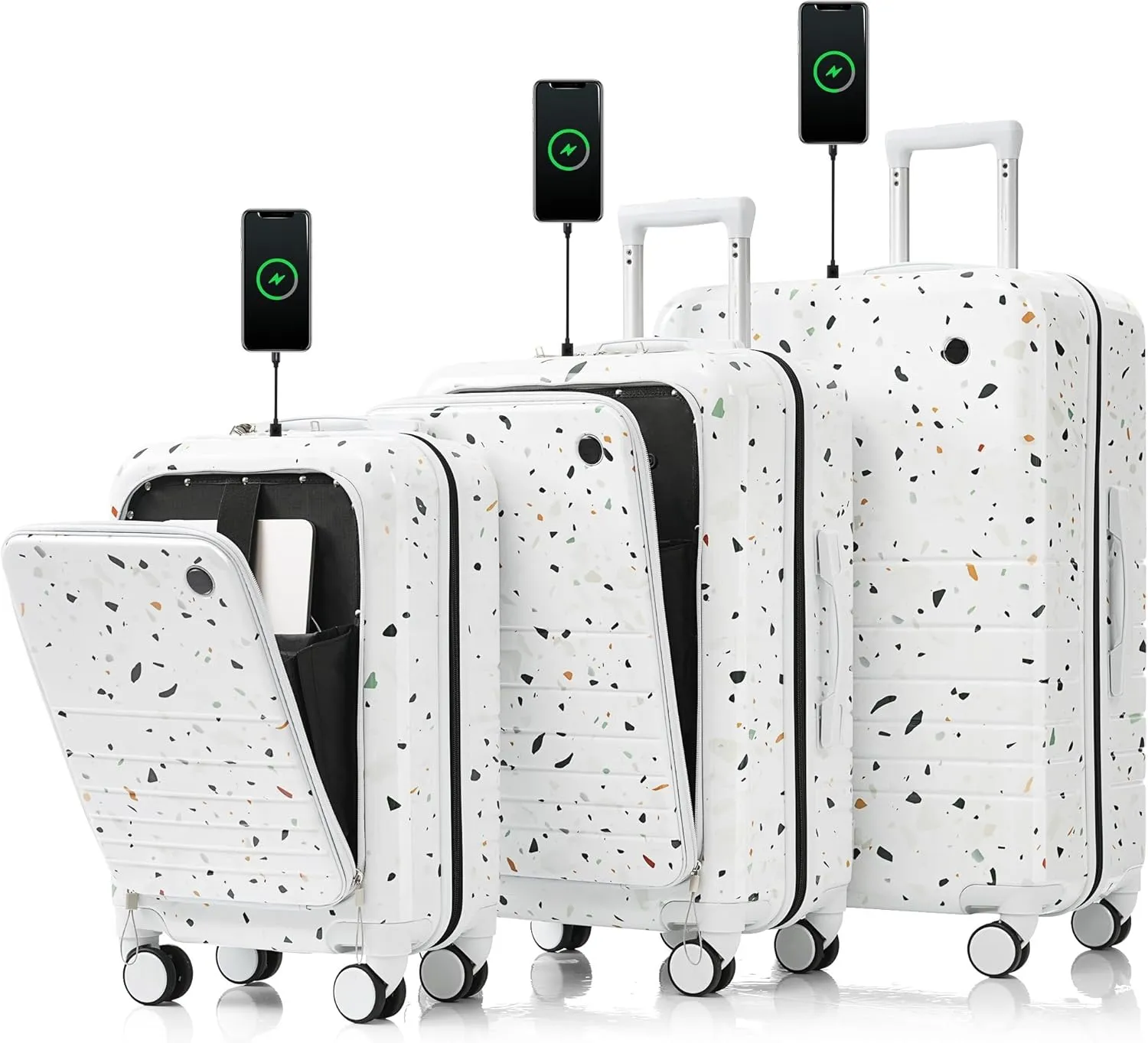Starry Sky White Hard Shell Luggage Set with USB Port, Spinner Wheels, & Organization - 20 Inch, 24 Inch, 28 Inch