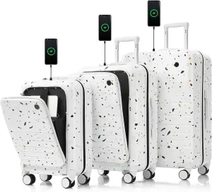 Starry Sky White Hard Shell Luggage Set with USB Port, Spinner Wheels, & Organization - 20 Inch, 24 Inch, 28 Inch