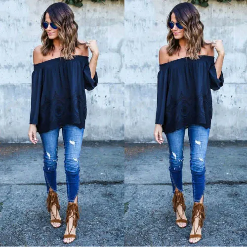 Strapless Hollow Out Long Sleeves Pure Color Blouse