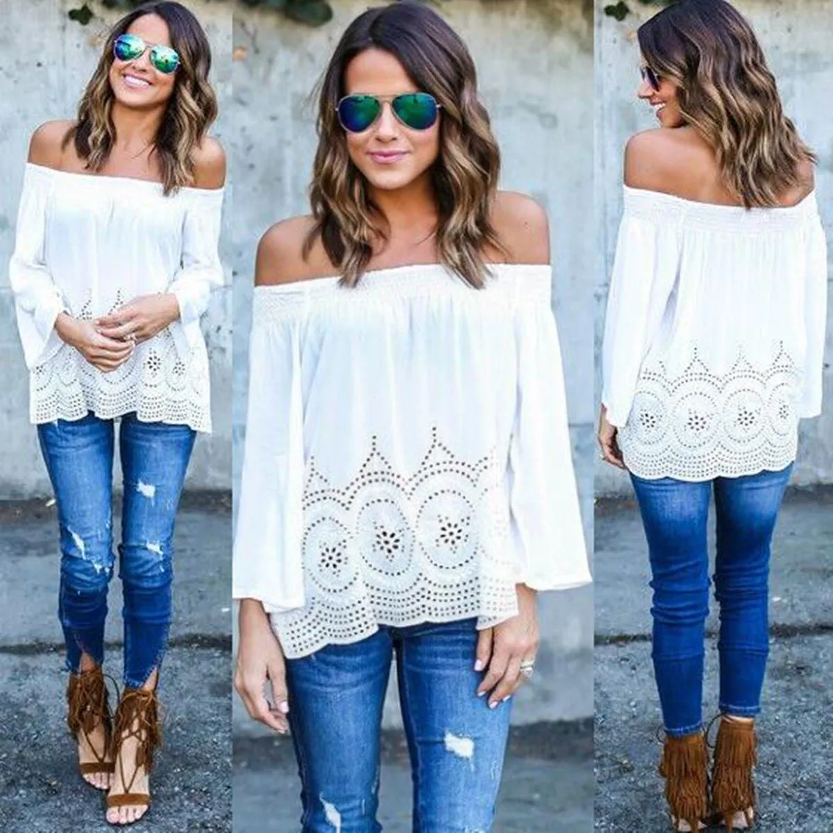 Strapless Hollow Out Long Sleeves Pure Color Blouse